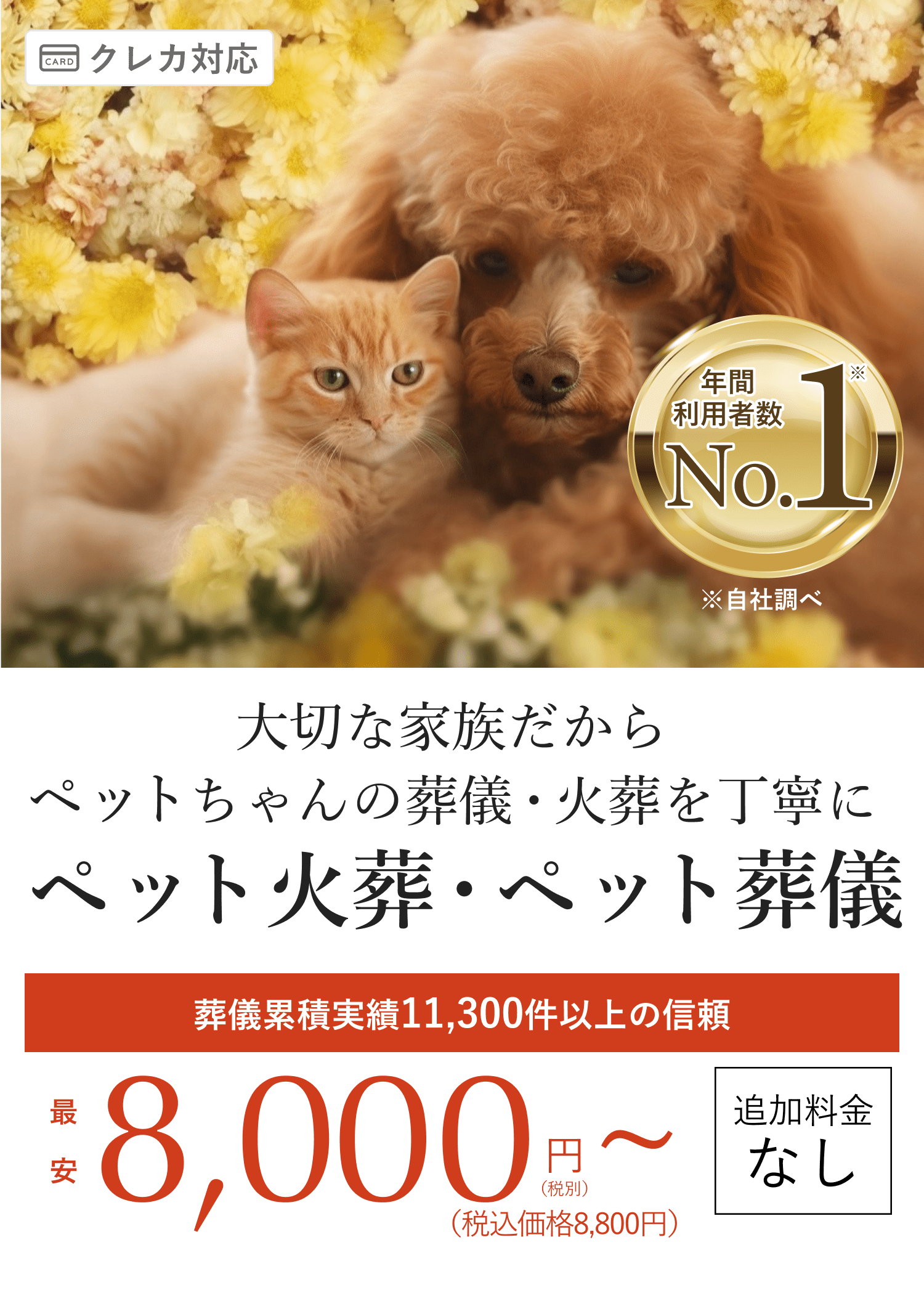 葬儀累積実績11,300件以上の信頼 最安8,000円〜(税込価格8,800円)